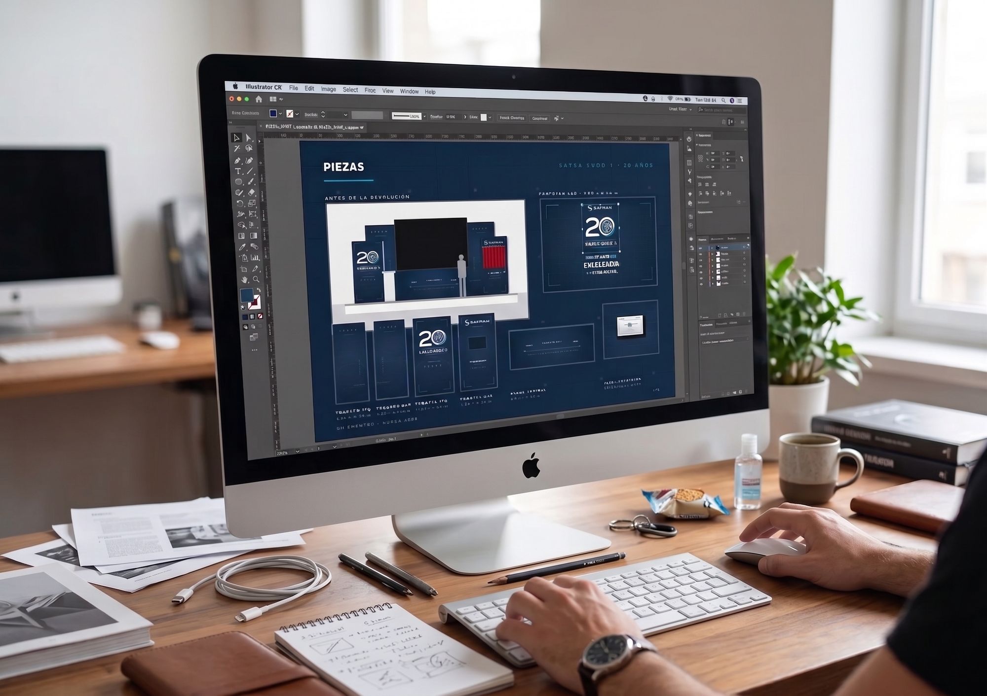 Designer working on a computer on the graphic pieces board for the SAESA Shop 1 (Safran) 20th anniversary: stage, LED screen, banners and commemorative plaque