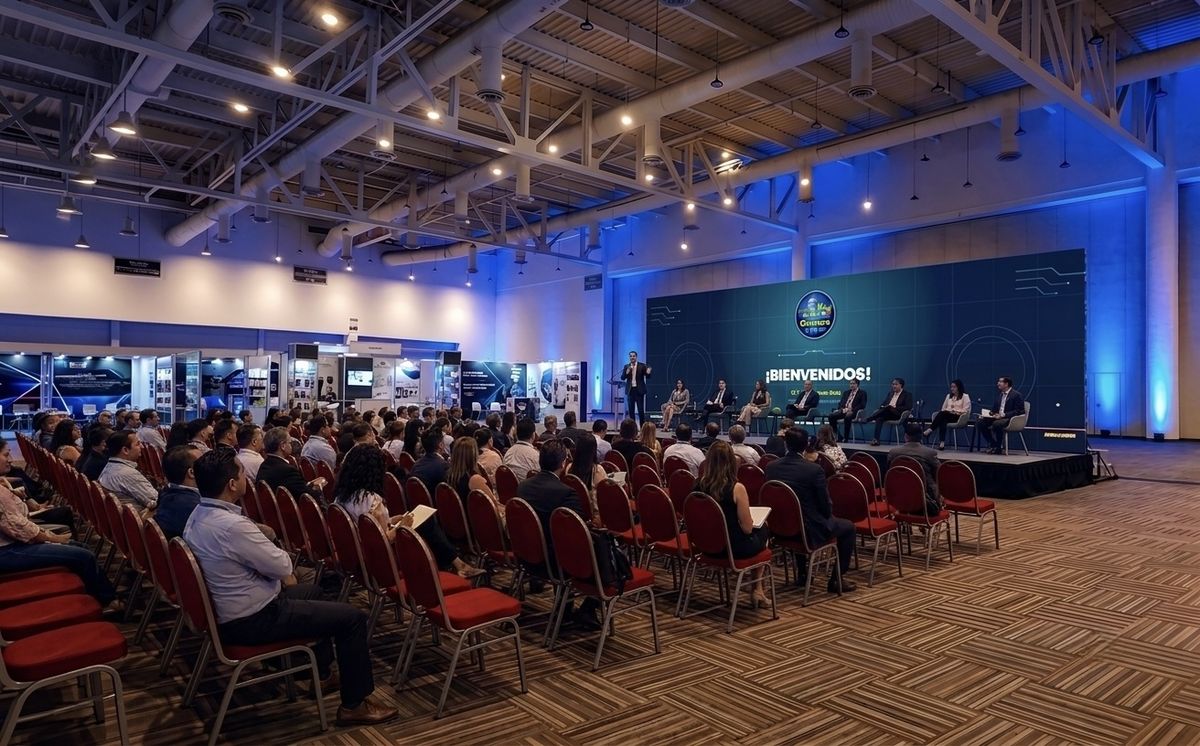 Corporate conference with a speaker panel in front of a large-format LED screen, blue ambient lighting and a seated audience