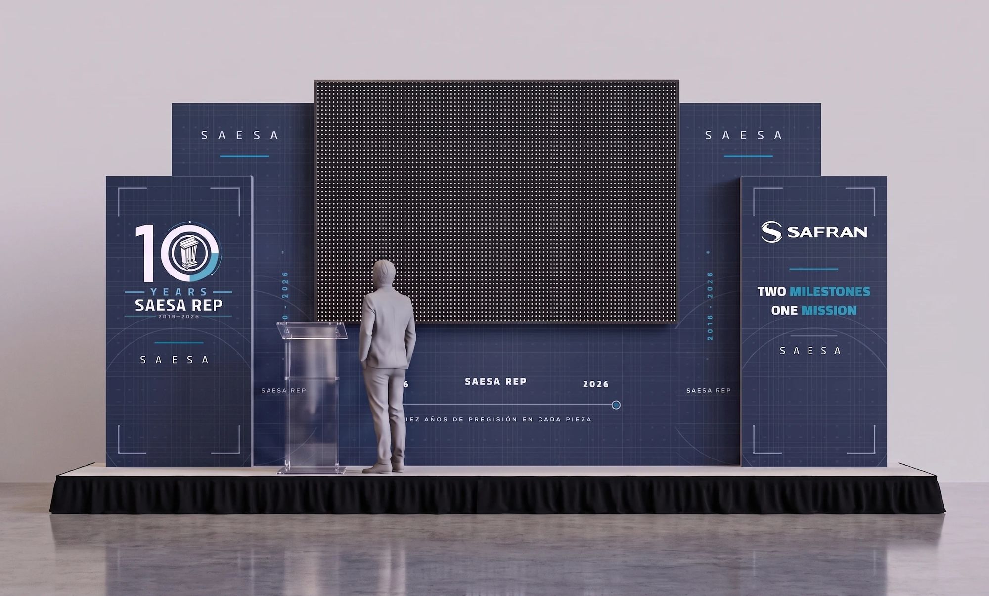 3D model of the stage for the SAESA REP (Safran) 10th anniversary, produced during planning: LED screen, side panels with the event identity and acrylic lectern